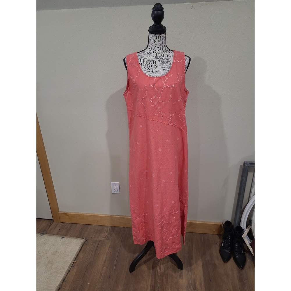 Denim & Co. Coral Linen Blend Embroidery Midi Dress‎ Modest Women SZ M casual